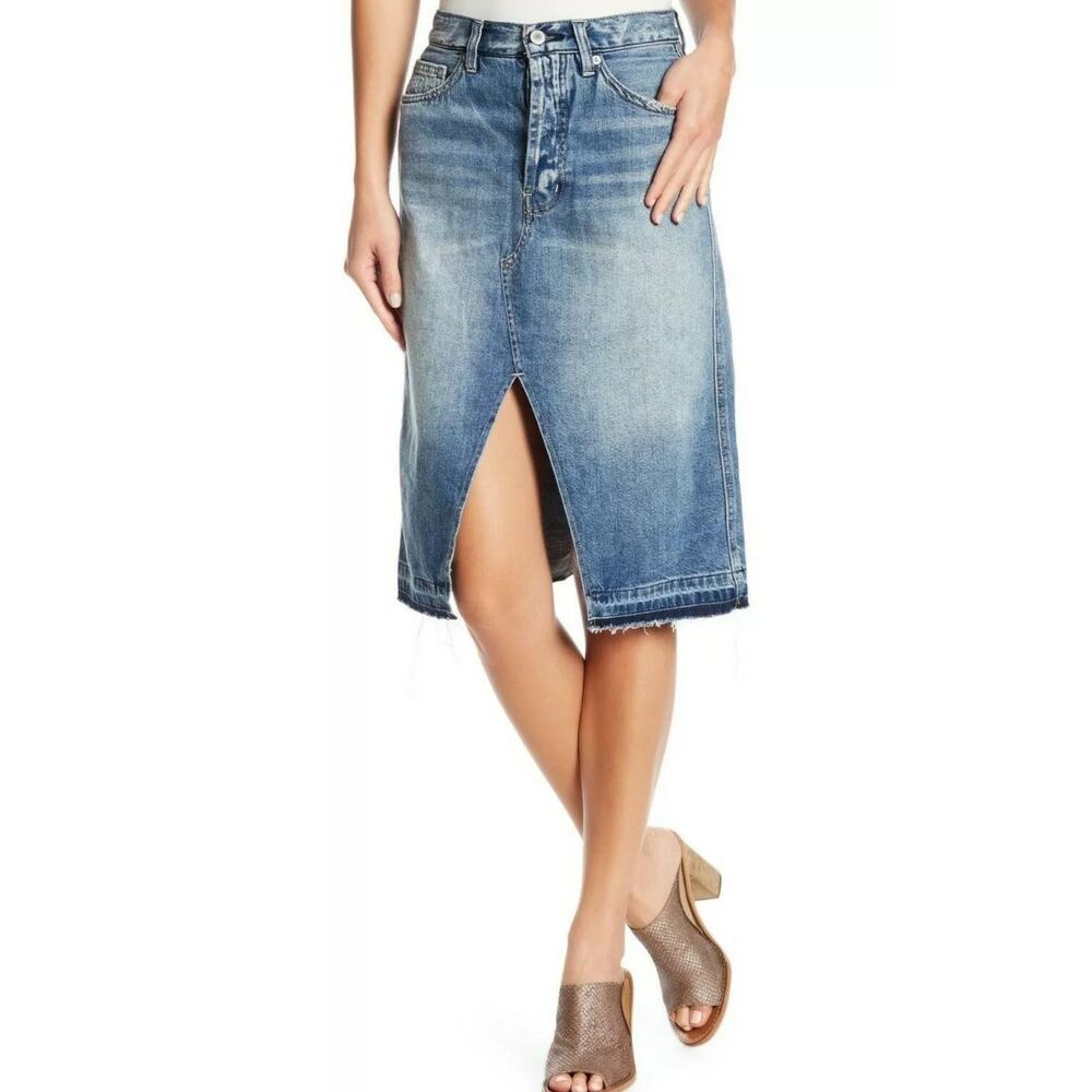 Free People We the Free Demin Midi Skirt in Cloudless Blue Split Front Size 27